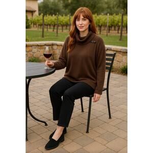 Napa Valley Womens Brown Cowl Neck Buckle Detail Poncho Sweater Sz S/M QuietLuxe